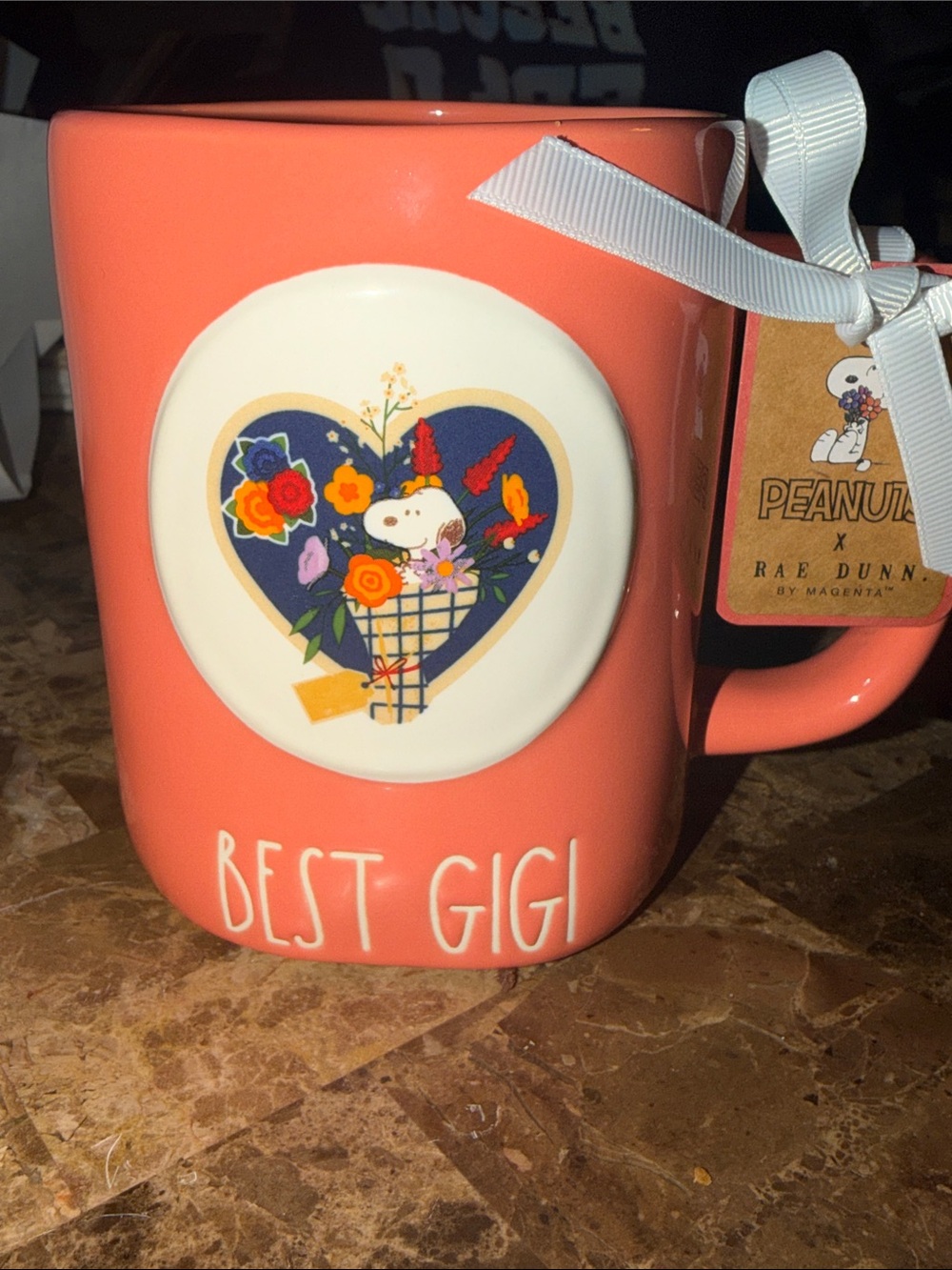Rae Dunn/ Snoopy “Best GiGi” Coral Floral Heart Ceramic Mug NWT